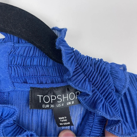 TOPSHOP Mock Neck Long Sleeve Ruffle Plisse Top Blue Size US 4 - Picture 12 of 12